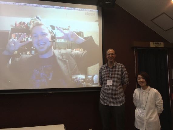Zack Davisson, via Skype from Seattle, and Alexander O. Smith pose with manga artist Miki Yamamoto.
